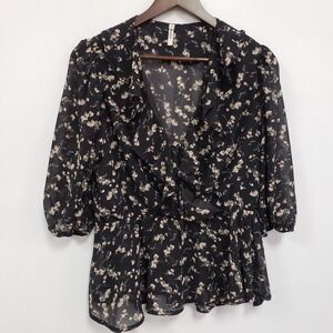 Bluebell Womens Dark Fairy Floral Top Size 1X Black‎ Sheer V Neck Puff Sleeve